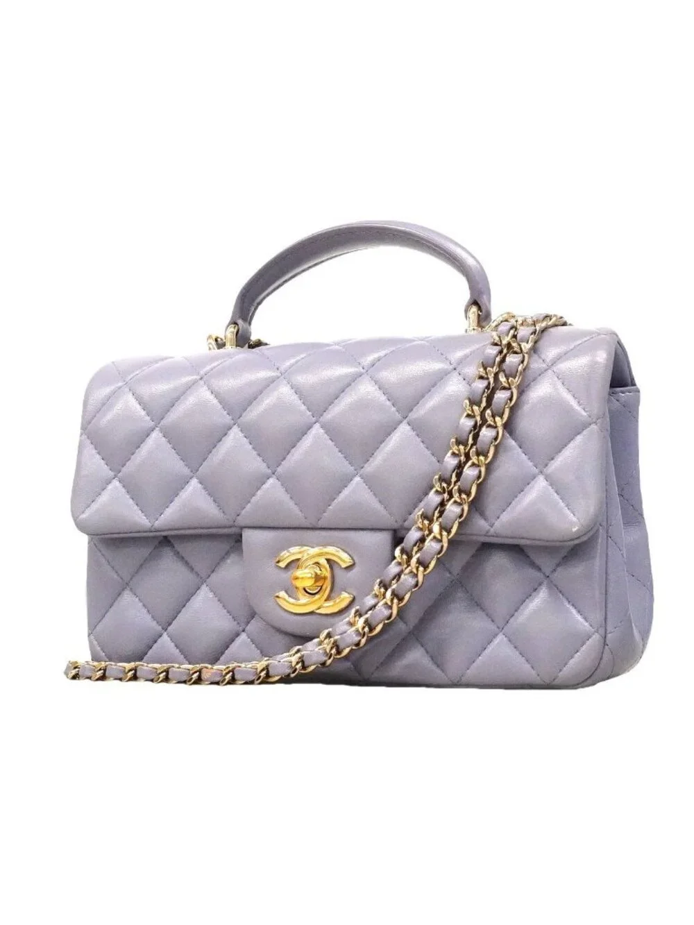 Chanel Shoulder Bag Quilted Top Handle Lambskin Purple Champagne Gold 2-Way Back